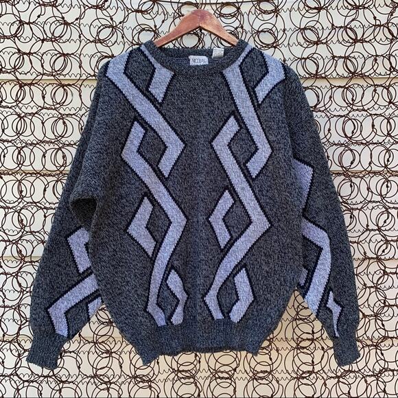 Vintage Nicolas Allen geometric argyle pattern sweater in shades of gray LARGE - Picture 2 of 6
